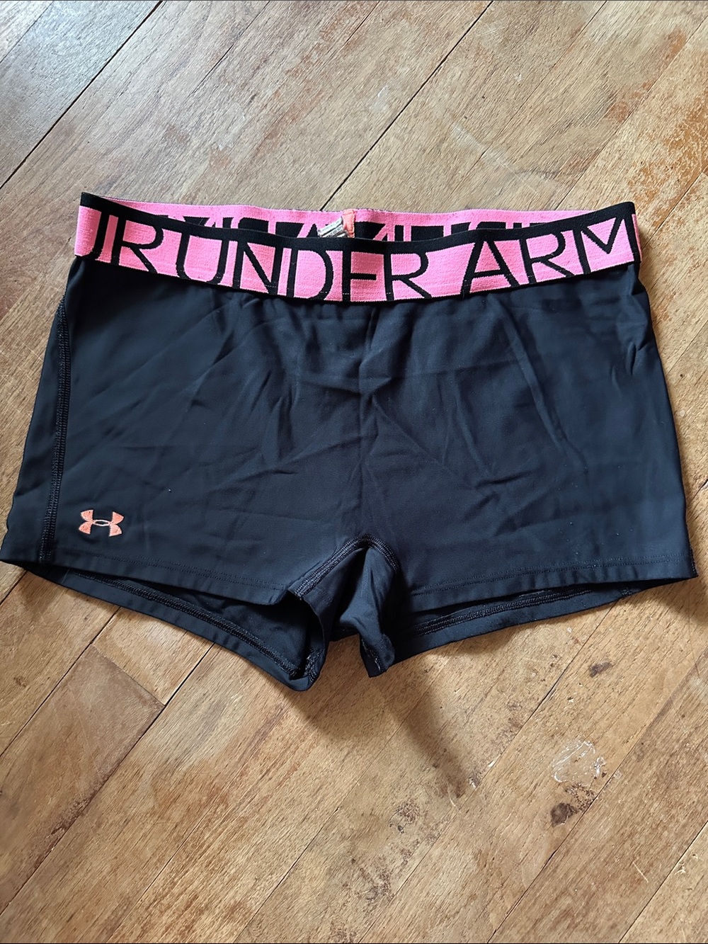 Under Armour Black Compression Bike Shorts with Pink Branded Waistband - Size M
